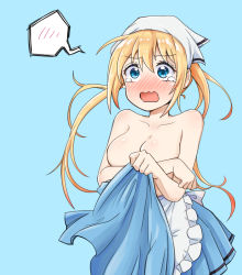 Rule 34 | 1girl, blend s, blonde hair, blue background, blue eyes, blue skirt, blush, breasts, cleavage, collarbone, covering privates, covering breasts, covering one breast, dulldull, full-face blush, hair between eyes, head scarf, highres, hinata kaho, holding, holding clothes, holding shirt, long hair, medium breasts, no nipples, nose blush, open mouth, pleated skirt, shirt, unworn shirt, skirt, solo, spoken blush, tears, topless, twintails, very long hair, wavy mouth