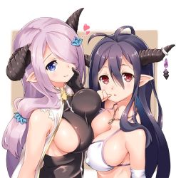 Rule 34 | 10s, 2girls, asymmetrical docking, bikini, black gloves, black hair, blue eyes, breast press, breasts, danua, draph, covered erect nipples, gloves, granblue fantasy, hair between eyes, hair over one eye, hand on own cheek, hand on own face, heart, horn ornament, horns, impossible clothes, impossible shirt, jewelry, large breasts, multiple girls, narmaya (granblue fantasy), necklace, parted lips, pointy ears, purple hair, red eyes, shinozuka atsuto, shirt, swimsuit