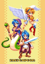 Rule 34 | 1boy, angel wings, armor, blonde hair, blue eyes, boots, breasts, breath of fire, breath of fire i, deis, elbow gloves, feathered wings, full body, gloves, green eyes, hairband, highres, knee boots, leotard, looking at viewer, medium breasts, multiple girls, nina (breath of fire i), open mouth, pixel art, pixelflag, red leotard, ryuu (breath of fire i), short hair, smile, thighhighs, white wings, wings