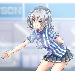 Rule 34 | 10s, 1girl, arm behind back, bad id, bad pixiv id, blue eyes, clerk, employee uniform, hat, hijirin, kantai collection, kashima (kancolle), lawson, long hair, outstretched hand, silver hair, skirt, smile, solo, twintails, uniform