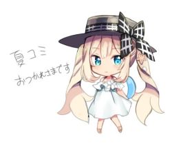 Rule 34 | 1girl, ameshizuku natsuki, arms behind back, ball, bare shoulders, beachball, black bow, black hat, blonde hair, blue eyes, blush, bow, chibi, closed mouth, dress, fate/grand order, fate (series), full body, hair between eyes, hat, hat bow, holding, holding ball, long hair, lowres, marie antoinette (fate), marie antoinette (fate/grand order), marie antoinette (swimsuit caster) (fate), marie antoinette (swimsuit caster) (second ascension) (fate), off-shoulder dress, off shoulder, simple background, smile, solo, standing, translation request, very long hair, white background, white dress