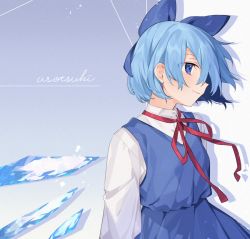 Rule 34 | 1girl, akagashi hagane, blue background, blue bow, blue eyes, blue hair, blue skirt, blue vest, bow, cirno, commentary request, detached wings, drop shadow, hair bow, ice, ice wings, long sleeves, neck ribbon, red ribbon, ribbon, shirt, short hair, skirt, solo, touhou, upper body, vest, white background, white shirt, wind, wings