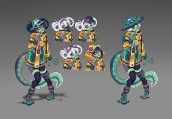 Rule 34 | 1girl, black headband, black headwear, blue eyes, chameleon girl, chameleon tail, closed mouth, colored skin, commentary, concept art, english commentary, eyewear on head, full body, green hair, green headwear, grey hair, hair between eyes, hat, headband, highres, jacket, league of legends, long hair, looking at viewer, mask, mouth mask, multicolored hair, neeko (league of legends), official alternate costume, official alternate hairstyle, official art, pink eyes, shadow, short hair, simple background, standing, streaked hair, street demon neeko, tail, thesweetesttart (wyrmforge), white hair, yellow jacket