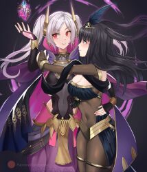 Rule 34 | 2girls, black hair, bodysuit, breasts, cape, cleavage, crystal, fire emblem, fire emblem awakening, hand on another&#039;s hip, highres, large breasts, lilshironeko, long hair, multiple girls, nintendo, red eyes, robin (female) (fire emblem), robin (fire emblem), tharja (fire emblem), twintails, white hair