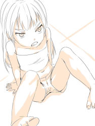 Rule 34 | 1girl, angry, arm support, barefoot, camisole, clenched teeth, female focus, midriff, monochrome, navel, on ground, original, satsuyo, short shorts, shorts, solo, teeth