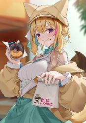 Rule 34 | 1girl, animal ear headwear, aqua nails, blonde hair, blurry, blurry background, blush, breasts, casual, commentary request, doughnut, fake animal ears, food, food on face, fox tail, heart, heart-shaped pupils, highres, holding, holding food, hololive, kaguya (srx61800), long sleeves, looking at viewer, medium breasts, multicolored hair, nail polish, omaru polka, omaru polka (street casual), outdoors, pink hair, purple eyes, smile, solo, streaked hair, symbol-shaped pupils, tail, virtual youtuber