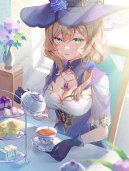 Rule 34 | 1girl, blurry, blurry background, blush, breasts, cake, cleavage, closed mouth, collarbone, cup, day, dress, drink, flower, food, genshin impact, gloves, green eyes, hair between eyes, hair flower, hair ornament, harushio, hat, hat flower, highres, holding, holding saucer, holding teapot, indoors, jewelry, light brown hair, lisa (genshin impact), long hair, looking at viewer, low-tied sidelocks, medium breasts, muffin, pendant, picture frame, purple dress, purple flower, purple gloves, purple hat, red lips, saucer, shrug (clothing), sidelocks, smile, solo, standing, table, tea, tea set, teacup, teapot, upper body, vase, vision (genshin impact), window