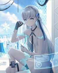 Rule 34 | 1girl, absurdres, android, blue eyes, blue ribbon, blunt bangs, braid, character name, choker, closed mouth, commentary, dress, feet out of frame, flat chest, gloves, grey hair, hair ornament, halterneck, hand up, highres, holding, indoors, long hair, looking at viewer, narukami arei, original, ribbon, sitting, solo, thigh strap, very long hair, white dress, white gloves