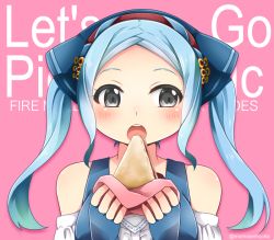 Rule 34 | 1girl, bandana, blue gloves, blue hair, copyright name, eating, fingerless gloves, fire emblem, fire emblem fates, fire emblem heroes, flora (fire emblem), food, gloves, grey eyes, holding, momosemocha, nintendo, open mouth, pink background, sandwich, simple background, solo, twintails, twitter username, upper body