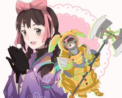 Rule 34 | 1girl, armor, axe, bow, braid, brown eyes, brown hair, dual persona, fire emblem, full body, gloves, japanese clothes, kimono, minamoto mamori, nintendo, open mouth, own hands together, pink bow, rem (eyes 410), smile, tokyo mirage sessions fe, twin braids, upper body