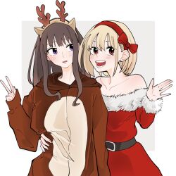 Rule 34 | 2girls, animal costume, antlers, bare shoulders, belt, blonde hair, blush, bow hairband, brown hair, commentary request, dress, grey background, hairband, hand on another&#039;s waist, hand up, highres, horns, inoue takina, long hair, long sleeves, looking at viewer, lycoris recoil, medium hair, multiple girls, nishikigi chisato, off-shoulder dress, off shoulder, open mouth, parted lips, purple eyes, red dress, red eyes, red hairband, reindeer antlers, reindeer costume, santa dress, shiratama draw, smile, two-tone background, upper body, v, white background, yuri