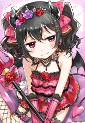 Rule 34 | 10s, 1girl, black hair, blush, bow, bracelet, demon horns, demon tail, demon wings, dress, earrings, elbow gloves, fang, fang out, fishnet thighhighs, fishnets, floral print, flower, flower earrings, frills, garter straps, gloves, gmanee, hair bow, hair flower, hair ornament, half-closed eyes, highres, horns, jewelry, light smile, looking at viewer, love live!, love live! school idol festival, love live! school idol project, pink flower, pink rose, polearm, polka dot, polka dot bow, red eyes, red flower, red rose, rose, sitting, solo, tail, thighhighs, tiara, trident, twintails, wariza, wavy hair, weapon, wings, yazawa nico