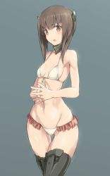 Rule 34 | 1girl, bikini, breasts, brown eyes, brown hair, commentary request, detached collar, frilled bikini, frills, front-tie top, gluteal fold, grey background, own hands clasped, headgear, kantai collection, looking at viewer, lowleg, lowleg bikini, own hands together, short hair, small breasts, solo, swimsuit, taihou (kancolle), thigh gap, thighhighs, tsukira (amayadori), white bikini