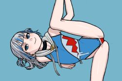 Rule 34 | 1girl, animal hood, black choker, blue background, blue eyes, blue hair, blue one-piece swimsuit, choker, closed mouth, feet out of frame, female focus, flat chest, gawr gura, grey hair, hair ornament, highleg, highleg swimsuit, hololive, hololive english, leg up, looking at viewer, one-piece swimsuit, paid reward available, shark hair ornament, shark hood, shark print, simple background, smile, solo, spread legs, swimsuit, thighs, wabaki