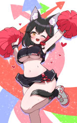 Rule 34 | 1girl, :d, adapted costume, animal ear fluff, animal ears, arms up, black hair, black skirt, blush, breasts, cheerleader, commentary request, crossed bangs, curvy, hair ornament, heart, highres, hololive, kani bonara, large breasts, microskirt, multicolored hair, navel, one eye closed, ookami mio, ookami mio (1st costume), open mouth, pleated skirt, pom pom (cheerleading), red hair, skirt, smile, solo, standing, standing on one leg, stomach, streaked hair, tail, tail around own leg, underboob, virtual youtuber, white background, wolf ears, wolf girl, wolf tail, wristband, yellow eyes