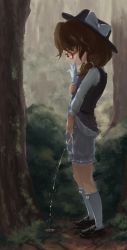 Rule 34 | 1girl, bloomers, brown hair, crotchless, crotchless bloomers, female focus, glasses, hat, highres, ikumi (iq3), mouth hold, nature, outdoors, peeing, skirt, solo, standing, touhou, tree, underwear, usami sumireko