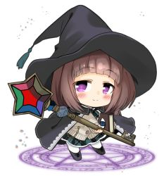 Rule 34 | 1girl, absurdres, bad id, bad pixiv id, black cape, black footwear, blush, book, boots, brown hair, cape, cardigan, chibi, closed mouth, commentary request, commission, cross-laced footwear, full body, green neckwear, green skirt, grey cardigan, hat, highres, hizuki yayoi, holding, holding book, key, lace-up boots, long sleeves, looking at viewer, magic circle, original, oversized object, pantyhose, pentagram, pixiv commission, plaid, plaid neckwear, plaid skirt, purple eyes, skirt, smile, solo, white background, white pantyhose, witch, witch hat