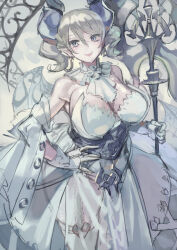Rule 34 | 1girl, breasts, cleavage, demon girl, demon horns, demon wings, dress, duel monster, gloves, grey eyes, grey hair, horns, kazo (kazozakazo), large breasts, looking at viewer, lovely labrynth of the silver castle, low wings, multiple wings, pointy ears, smile, solo, tagme, transparent wings, twintails, weapon, white gloves, white hair, white horns, wings, yu-gi-oh!