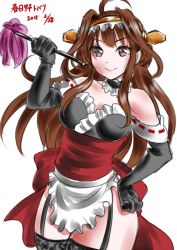 Rule 34 | 10s, 1girl, alternate costume, apron, bad id, bad pixiv id, black gloves, breasts, brown hair, cleaning, double bun, dream c club, dream c club (series), duster, enmaided, garter straps, gloves, hairband, kantai collection, kasugano tobari, kongou (kancolle), large breasts, long hair, maid, maid apron, off shoulder, ribbon trim, solo, thighhighs, waist apron