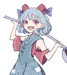 Rule 34 | 1girl, :d, armpit peek, bare shoulders, blue dress, blush stickers, clothing cutout, curly hair, dress, eyebrows hidden by hair, grey hair, highres, holding, holding spoon, horns, kame (kamepan44231), looking at viewer, one-hour drawing challenge, open mouth, pointy ears, sharp teeth, shoulder cutout, simple background, smile, solo, spoon, teeth, touhou, toutetsu yuuma, white background