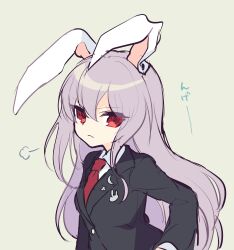 Rule 34 | 1girl, animal ears, blazer, closed mouth, collared shirt, highres, jacket, kozakura (dictionary), long sleeves, looking at viewer, necktie, rabbit ears, red eyes, red necktie, reisen udongein inaba, shirt, simple background, solo, touhou, white background, white shirt