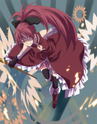 Rule 34 | 10s, 1girl, bare shoulders, black thighhighs, blurry, boots, depth of field, detached sleeves, from above, highres, long hair, magical girl, mahou shoujo madoka magica, mahou shoujo madoka magica (anime), mikuni saho, ponytail, red eyes, red hair, sakura kyoko, smile, solo, tears, thighhighs, witch&#039;s labyrinth