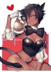 Rule 34 | 10s, 1girl, animal ears, artist request, au ra, black bow, black bowtie, black hair, blue eyes, bow, bowtie, breasts, cat ears, cleavage, curvy, dark skin, detached collar, detached sleeves, dotsuco, final fantasy, final fantasy xiv, gloves, heart, highres, looking to the side, medium breasts, midriff, miqo&#039;te, navel, panties, parted lips, puffy sleeves, short hair, simple background, tail, thick thighs, thighs, underwear, warrior of light (ff14), white gloves, wide hips