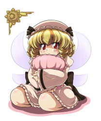 Rule 34 | 1girl, blonde hair, crescent, crescent moon, drill hair, female focus, hat, luna child, moon, hugging object, oriental sacred place, pillow, pillow hug, red eyes, solo, star (symbol), sugiura, sun, sun symbol, touhou, wings