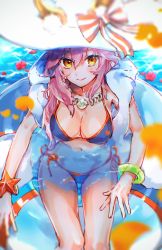 Rule 34 | 10s, 1girl, alternate costume, animal ears, bare legs, bikini, blue bikini, breasts, cleavage, collarbone, ears through headwear, fate/extra, fate/grand order, fate (series), fox ears, fox tail, from above, hair between eyes, hair over shoulder, hat, hat ribbon, highres, innertube, looking at viewer, navel, nekoyashiki pushio, partially submerged, pink hair, ribbon, side-tie bikini bottom, sitting, smile, solo, sun hat, swim ring, swimsuit, tail, tamamo (fate), tamamo no mae (fate/extra), tamamo no mae (swimsuit lancer) (fate), tamamo no mae (swimsuit lancer) (third ascension) (fate), thigh gap, thighs, white hat, yellow eyes