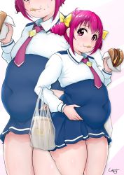 Rule 34 | 1girl, bag, belly grab, bow, breasts, burger, character request, closed mouth, commentary request, copyright request, covered navel, food, furrowed brow, hair bow, highres, long sleeves, looking at viewer, looking to the side, medium hair, multiple views, napkin, paper bag, pink eyes, pink hair, plastic bag, plump, shigekikkusu, shopping bag, sidelocks, signature, small breasts, striped clothes, striped wrist cuffs, tagme, tareme, thick thighs, thighs, wcdonald&#039;s, wing collar, wrist cuffs