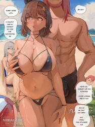Rule 34 | 2boys, 2girls, age difference, atelier (series), atelier ryza, atelier ryza 2, ball, bare shoulders, beach, beach nanpa, beachball, black ribbon, blue sky, blush, braid, breasts, brown eyes, brown hair, cleavage, collarbone, earrings, english text, father and son, grabbing, grabbing another&#039;s breast, hair ornament, jewelry, key, key necklace, large breasts, lila decyrus, looking to the side, mirai hikari, multiple boys, multiple girls, navel, necklace, open mouth, reisalin stout, ribbon, samuel marslink, short hair, side braid, sky, speech bubble, star (symbol), star earrings, thighs