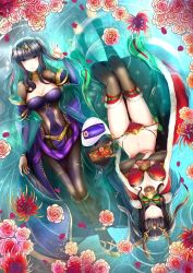Rule 34 | 2girls, antlers, bikini, black hair, breasts, cape, cleavage, covered navel, dress, dual persona, fake antlers, fire emblem, fire emblem awakening, fire emblem heroes, flower, fur trim, gold trim, horns, looking at viewer, multiple girls, navel, nintendo, nyanshua, pantyhose, partially submerged, petals, purple dress, rose, shawl, spider lily, stomach, swimsuit, tharja (bridal) (fire emblem), tharja (fire emblem), tharja (winter) (fire emblem), thighhighs, water
