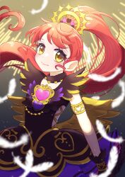 Rule 34 | 1girl, armlet, black dress, black gloves, blurry, blurry foreground, closed mouth, commentary, cowboy shot, dress, feathers, fur collar, gloves, hair ornament, heart, highres, idol clothes, jinno (jin c kkry), long hair, looking at viewer, ponytail, pretty series, pripara, red hair, shiratama mikan, smile, solo, standing, symbol-only commentary, yellow eyes