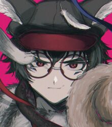 Rule 34 | 1boy, absurdres, animal ears, animal hat, black hair, black hat, bone oyasumi, closed mouth, fake animal ears, fur trim, glasses, hat, highres, looking at viewer, male focus, master detective archives: rain code, pink background, portrait, red-framed eyewear, red eyes, round eyewear, short hair, simple background, solo, tail, zilch alexander