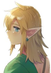 Rule 34 | 1boy, blonde hair, blue eyes, commentary request, earrings, from side, highres, jewelry, link, looking at viewer, medium hair, nintendo, pointy ears, profile, simple background, single bare shoulder, solo, the legend of zelda, the legend of zelda: breath of the wild, ttanuu., white background