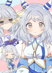 Rule 34 | 1girl, = =, azukimame, blush, breasts, brown eyes, chibi, chibi inset, closed mouth, commentary request, detached sleeves, empty eyes, grey hair, hair between eyes, hair ornament, hishi miracle (umamusume), looking at viewer, medium breasts, medium hair, open mouth, pantyhose, school uniform, shaded face, simple background, solo, tracen school uniform, umamusume
