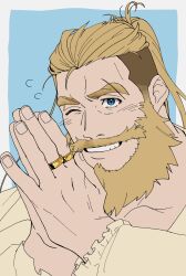 Rule 34 | 1boy, apologizing, bara, beard, bergamond (crave saga), crave saga, eyebrow cut, facial hair, hands up, highres, jewelry, light blush, long hair, male focus, mature male, multiple rings, mustache, one eye closed, own hands together, palms together, ponytail, ring, shirt, solo, thick eyebrows, thick mustache, undercut, upper body, usuki (usukine1go)