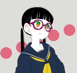 Rule 34 | 1girl, ammonio, black hair, blunt bangs, collarbone, colored skin, eyebrows, glasses, looking away, low twintails, multicolored eyes, neckerchief, original, sailor collar, sanpaku, school uniform, simple background, solo, thick eyebrows, twintails, white skin