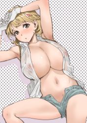 Rule 34 | 10s, 1girl, armpits, arms up, breasts, brown eyes, brown hair, cleavage, covered erect nipples, denim, denim shorts, gloves, hair ornament, heart, heart hair ornament, highres, huge breasts, lying, matching hair/eyes, narusawa ryouka, navel, nekoi mie, nipples, no bra, occultic;nine, on back, open clothes, open shirt, parted lips, polka dot, polka dot background, see-through, shirt, short hair, short shorts, shorts, solo, thighs, white gloves, white shirt