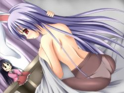Rule 34 | 1girl, ass, back, bad id, bad pixiv id, bed, blush, blush stickers, character doll, doll, female focus, houraisan kaguya, light purple hair, long hair, looking back, mumei (pokolv), panties, panties only, panties under pantyhose, pantyhose, red eyes, reisen udongein inaba, sitting, solo, topless, touhou, underwear, underwear only, very long hair