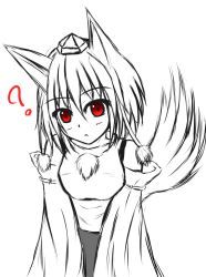 Rule 34 | 1girl, ?, animal ears, bare shoulders, breasts, detached sleeves, firolat, greyscale, hat, highres, inubashiri momiji, looking at viewer, monochrome, open mouth, pom pom (clothes), red eyes, short hair, simple background, solo, tail, tokin hat, touhou, white background, wolf ears, wolf tail