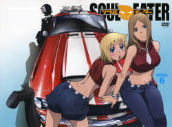 Rule 34 | 00s, 1boy, 2girls, absurdres, ass, bare shoulders, black hair, blonde hair, blue eyes, boots, brown hair, car, crease, death the kid, dimples of venus, elizabeth thompson, ford, ford mustang, ford mustang (1st generation), groin, gt 350, hat, high heel boots, high heels, highres, hip focus, left-hand drive, long hair, midriff, motor vehicle, multiple girls, necktie, official art, patricia thompson, scan, shelby, short hair, siblings, sisters, sleeveless, sleeveless turtleneck, soul eater, turtleneck, vehicle, wide hips