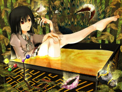 Rule 34 | 1girl, bad id, bad pixiv id, barefoot, bath, bathing, black hair, bowl, branch, cowry shell, female focus, houraisan kaguya, jeweled branch of hourai, legs, long hair, partially submerged, plant, red eyes, sitting, solo, tokoroten (hmmuk), touhou, very long hair, water
