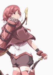 Rule 34 | 10s, 1girl, arrow (projectile), bow (weapon), braid, cape, cowboy shot, dagger, fingerless gloves, from behind, gloves, hai to gensou no grimgar, hair over shoulder, hand on own hip, highres, knife, looking back, migimaki (migi mawashi), quiver, red eyes, red hair, red thighhighs, shorts, simple background, single braid, smile, solo, thighhighs, weapon, yume (grimgar), zettai ryouiki