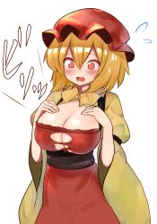 Rule 34 | 1girl, aki minoriko, blonde hair, blush, breasts, cleavage, commentary request, dress, flying sweatdrops, hair between eyes, hands on own chest, hat, highres, kushidama minaka, large breasts, long sleeves, looking down, medium hair, mob cap, red dress, red eyes, red hat, sash, simple background, solo, torn clothes, torn dress, touhou, white background, wide sleeves