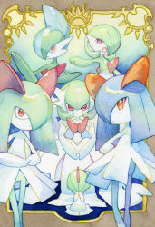Rule 34 | 1boy, 1other, 4girls, alternate color, arm up, blue hair, blunt bangs, bob cut, border, bowl cut, brown border, child, closed mouth, colored skin, covered eyes, creatures (company), dress, elbow gloves, from behind, full body, gallade, game freak, gardevoir, gen 3 pokemon, gen 4 pokemon, gloves, green hair, green skin, hair between eyes, hair over eyes, hair over one eye, hands up, happy, highres, kirlia, long hair, looking at viewer, looking back, mega gardevoir, mega pokemon, mohawk, multicolored hair, multicolored skin, multiple girls, nintendo, one eye covered, outside border, outstretched arm, own hands together, pokemon, pokemon (creature), ralts, red eyes, shiny and normal, shiny pokemon, short hair, sitting, smile, standing, straight-on, strapless, strapless dress, streaked hair, symmetry, two-tone hair, two-tone skin, white dress, white gloves, white skin, yamanashi taiki