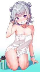 Rule 34 | 1girl, arm support, armpit peek, bare shoulders, blush, bottle, bracelet, breasts, cevio, charm (object), cleavage, collarbone, commentary request, double bun, dripping, gradient background, grey hair, grin, groin, hair bun, highres, jewelry, koharu rikka, konnyaku (kk-monmon), large breasts, looking at viewer, naked towel, purple eyes, see-through, short hair, simple background, sitting, smile, solo, synthesizer v, teeth, thighs, towel, wet, wet hair, white background
