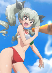 Rule 34 | 1girl, :d, anchovy (girls und panzer), bikini, black ribbon, blue sky, cloud, cloudy sky, commentary, cowboy shot, day, drill hair, girls und panzer, green bikini, green hair, hair ribbon, holding, kanau, leaning forward, long hair, looking at viewer, megaphone, mismatched bikini, navel, open mouth, outdoors, red bikini, red eyes, ribbon, sky, smile, solo, sparkle, standing, swimsuit, twin drills, twintails
