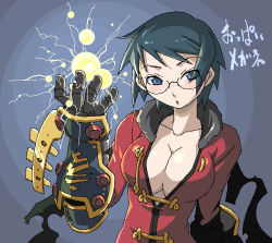 Rule 34 | 1girl, :o, alchemist, alchemist (sekaiju), armor, atlus, black hair, blue eyes, blush, breasts, bursting breasts, cleavage, electricity, embarrassed, energy ball, etrian odyssey, fur trim, gauntlets, glasses, glowing, haganemaru kennosuke, huge breasts, large breasts, looking at viewer, magic, no bra, oekaki, open clothes, open mouth, open shirt, scarf, shirt, short hair, solo, swept bangs, torn clothes, translated, upper body