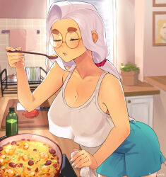 Rule 34 | 1girl, backlighting, blue shorts, breasts, cleavage, closed eyes, commentary, cooking, crop top, crop top overhang, english commentary, food, frying pan, hair ornament, hair scrunchie, highres, holding, holding ladle, june (squeezable), kitchen, ladle, large breasts, leaning forward, long hair, mole, mole on breast, mole under eye, no bra, original, paid reward available, round eyewear, scrunchie, shorts, solo, squeezable (squeezabledraws), tasting, thick eyebrows, white hair